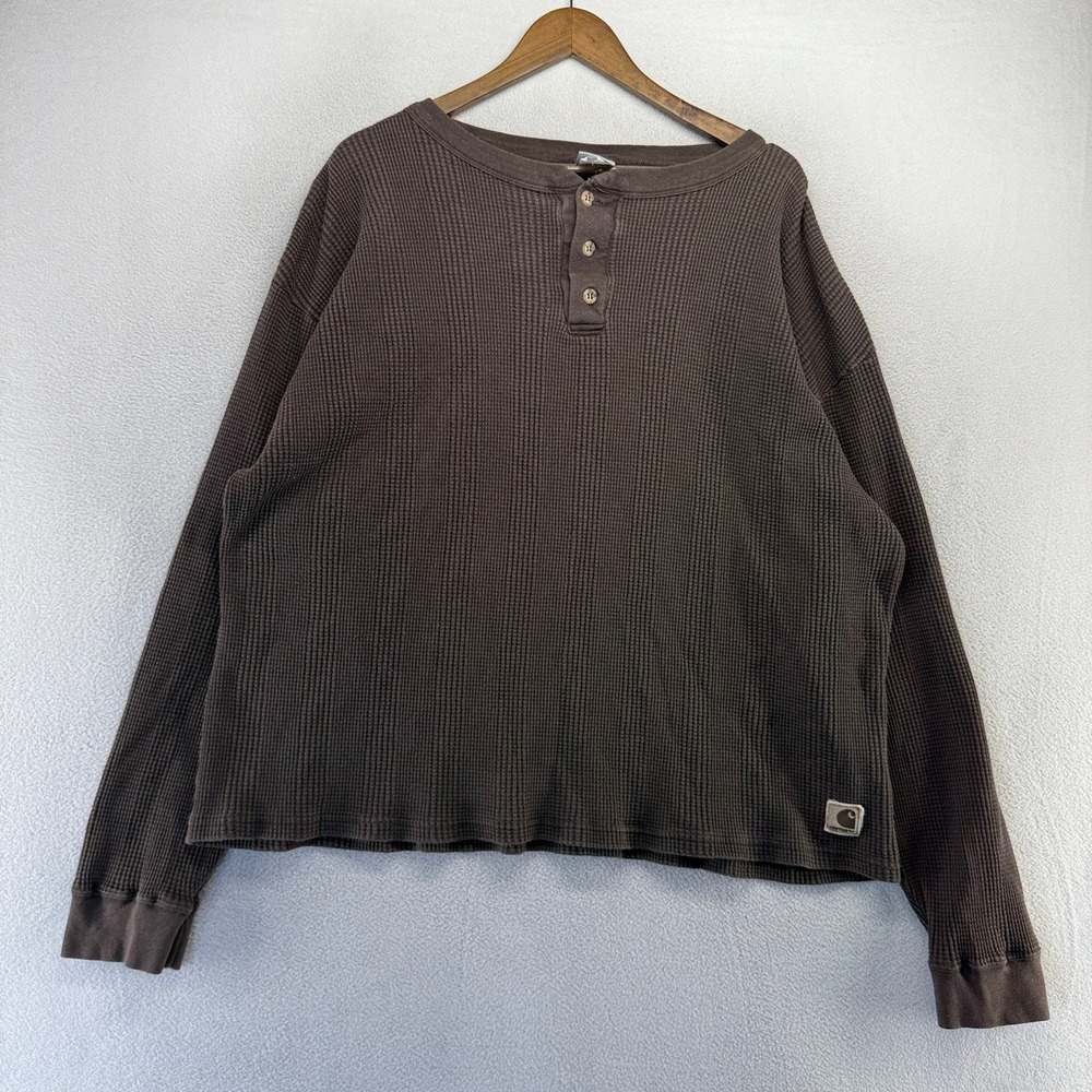 Vintage Carhartt Thermal Shirt Mens 2XL Brown Waffle Knit Made In USA Boxy 90s
